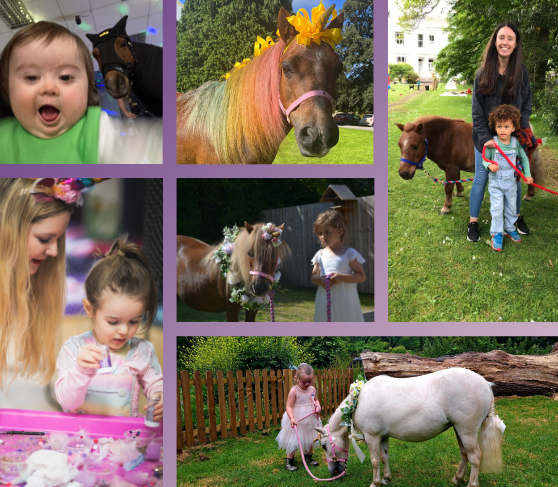 A collage of images of PAMP Ponies and children enjoying their parties or experiences. 